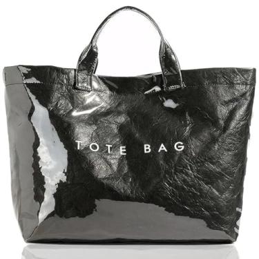 Imagem de Sacola feminina de PVC com letras impressas em papel Kraft grande, alça superior, bolsa Hobo transparente - preta, Preto, X-Large