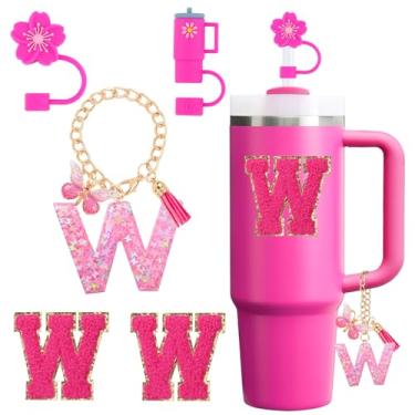 Imagem de QUNNDY Conjunto de acessórios para copo Stanley Cup 850.5 g 1,134.0 g copo com alça, incluindo tampa de cobertura de palha de silicone, pingente de alça, adesivo de iniciais fúcsia (W)