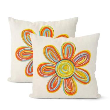 Imagem de JEFERSO Capas de almofada de verão 45,7 x 45,7 cm, conjunto de 2 almofadas decorativas com flores de sol amarelas em aquarela boho para uso ao ar livre, capas de almofada de linho para casa e quarto