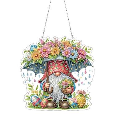 Imagem de Gnomo segurando guarda-chuva flor pintura diamante kit pingente pendurado, 5D DIY cristal acrílico formato especial janela jardim diamante arte ornamento para adultos (ZD01)
