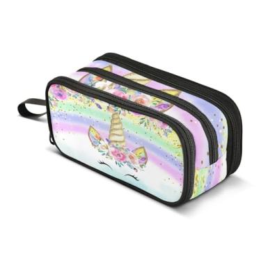Imagem de BOENLE Estojo de lápis de flor arco-íris de unicórnio para meninos e meninas, bolsa grande com compartimentos com zíper, bolsa organizadora de canetas de papelaria de grande capacidade para crianças
