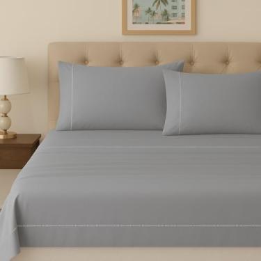 Imagem de Jogo de Cama Queen 4 Peças 100% Algodão Egípcio 300 Fios com Ponto Palito – Lençol com Elástico + Lençol Superior + 2 Fronhas (Cinza)