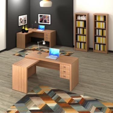 Imagem de Conjunto Home Office 4 Peças 2 Escrivaninhas Em L E 2 Estantes Tecno Mobili Amendoa