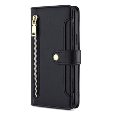 Imagem de LYJSMGZ Capa carteira com zíper para iPhone 16E, capa flip de couro liso com compartimentos para cartões, capa de telefone com borda macia, capa de proteção completa, preta, 16E