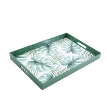 Imagem de Bandeja Decorativa Retangular com Alça 45 cm Folhas Verde de Plástico 