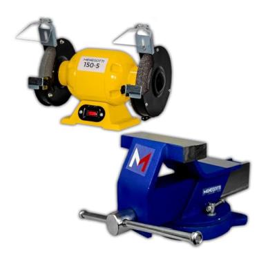 Imagem de Menegotti Morsa Nº6 Sem Mordente + Motoesmeril - 150W 5" com Base Giratória Reforçada | para Bancada de Aço, Oficina e Afiar Ferramentas Semiprofissional e Profissional Kit