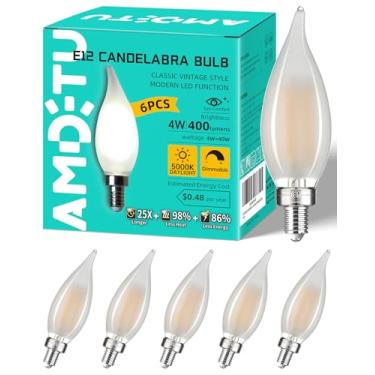 Imagem de Lâmpada de lustre LED E12 - AMDTU 5000k luz do dia brilhante fosco candelabro lâmpadas LED reguláveis, 4w B10/B11 lâmpadas de vela em forma de chama para ventilador de teto, sala de jantar, lâmpada pequena 6 pacotes