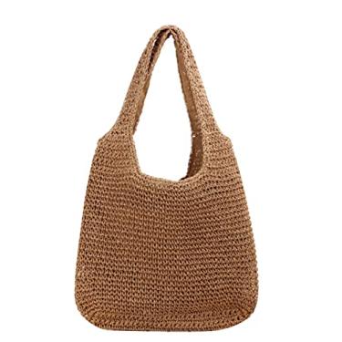 Imagem de SHAREYOIU Bolsa de praia retrô de verão, bolsa de mão de vime, macia, grande, de palha, bolsa de ombro boho com alça de palha, Cáqui, 15.5''x 23.6''