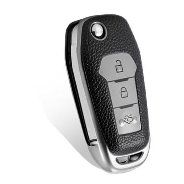 Imagem de WORCAS Capa de couro com 3 botões para chaveiro compatível com Ford Maverick F-150/250/350/450/50 Super Duty Lightning Ranger Bronco Expedition Escape Explorer Fusion EcoSport F-650/750 (prata)
