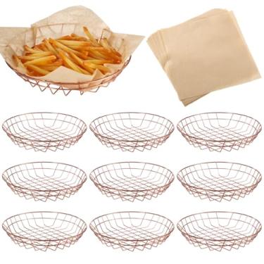 Imagem de 12 cestas de arame para servir alimentos, cestas de pão de arame de 25 x 4,6 cm com 50 folhas de embalagem quadrada de 30 cm, cesta de lanche de metal com papel absorvente de óleo para festa em