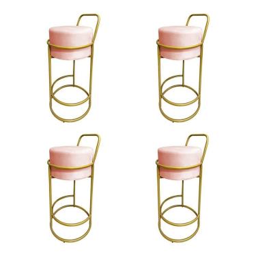 Imagem de Kit 4 Banquetas Alta Redonda Base Dourada Veludo Rose