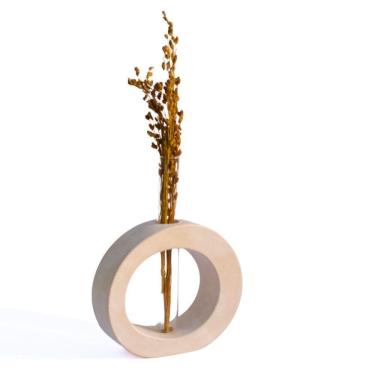 Imagem de Vaso Decorativo Solitário Redondo 16,5cm Artesanal Em Cimento Palha