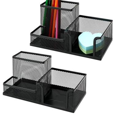 Imagem de SHIDOW Conjunto de porta-canetas de malha preta 3 em 1 – Organizador de mesa elegante moderno para decoração de mesa para material de escritório, organizador de armazenamento de mesa (preto, 2 peças)
