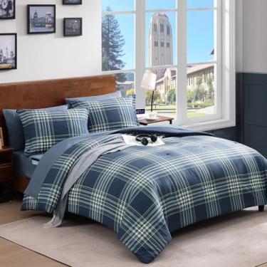 Imagem de AMBERSPACE Jogo de cama queen xadrez, azul meia-noite, para meninos, meninas, adolescentes, cama clássica de fazenda em uma bolsa com lençóis, fronhas e fronhas