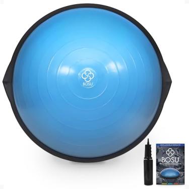 Imagem de Bosu Treinador de exercícios com bola de equilíbrio, equipamento de ginástica em casa com exercícios guiados e bomba, 66 cm, azul - plataforma inflável de fitness para treinamento de força, em pé