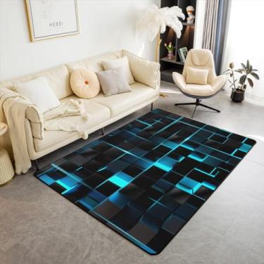 Imagem de Erosebridal Tapete geométrico azul preto 3x5, tapete quadrado estereoscópico para crianças, meninos, adolescentes e adultos, tapete geométrico neon brilhante tapete decorativo de grade geométrica
