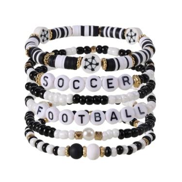 Imagem de 6 Un. Pulseiras Temáticas Esportivas, 6 Estilos Pulseiras Ajustáveis com Contas Elásticas Joias Empilháveis para o Dia do Jogo para Espírito de Equipe Lembrancinhas de Festa (Estilo Futebol)