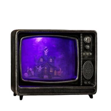 Imagem de Luminária Decorativa Halloween em Formato TV Retrô 21CM, LED Colorido, com Abóboras, Morcegos e Fantasmas, Luminária Enfeite Festa com Movimento Luxo (Roxo)