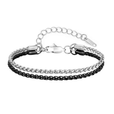 Imagem de VNOX Pulseira masculina prata e preta - pulseira de corrente de elos masculinos de aço inoxidável joias masculinas presentes de Natal, Sem Pedra Preciosa