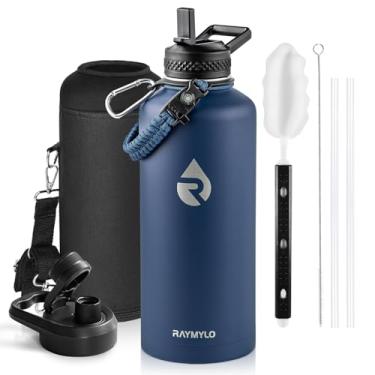Imagem de RAYMYLO Garrafa de água isolada de 2,5 g, aço inoxidável a vácuo de parede tripla (fria por 48 horas), à prova de vazamento e sem BPA, jarro de garrafa de água moderno com alça de paracord e tampas de