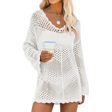 Imagem de Capa de maiô ANRABESS Crochet com decote em V, malha branca