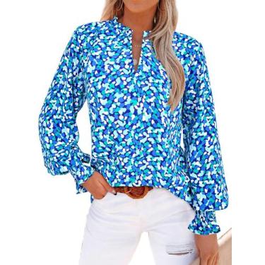 Imagem de Blusa feminina MASCOMODA com decote em V floral de manga comprida azul