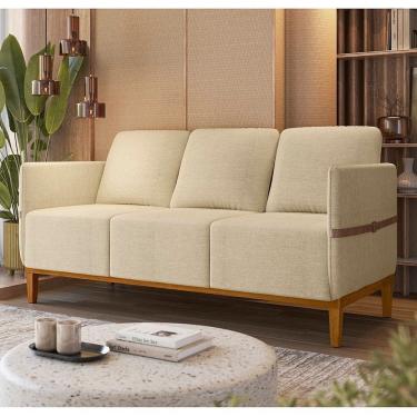 Imagem de Sofá Living 3 Lugares com Pés em Madeira Maciça 187cm Estelí Espresso Móveis Linho Bege/Sintético Caramelo