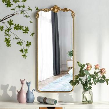 Imagem de Maxax Espelho de parede dourado, 91 cm x 40 cm, espelho decorativo antigo com moldura superior ornamentada, montado na parede ou na mesa, espelho de banheiro vintage, retangular arredondado