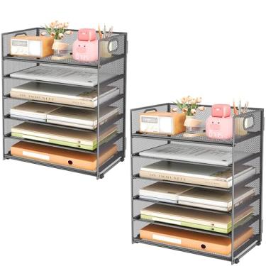 Imagem de Subekyu Organizador de papel de mesa de 6 camadas, bandeja de arquivo de carta com alça, classificador de documentos e suporte de acessórios para escritório, casa e escola, cinza - pacote com 2