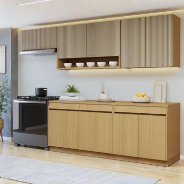 Imagem de Cozinha Completa Modulada 5 Peças 9 Portas 3 Gavetas com Rodapé 100% Mdf Carvalho/Greige