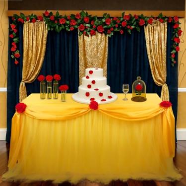 Imagem de Windkream Toalha de mesa rosa beleza princesa festa saia de mesa de tule amarelo dourado 76 x 272 centímetros rosa beleza desenho animado capa de mesa para decoração de festa de aniversário de
