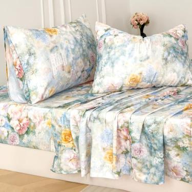 Imagem de Zusbest Jogo de lençóis de casal de luxo floral 100% algodão, tecido de cetim macio respirável para pessoas que dormem quente, romântico, peônia, floral, estampado, cottagecore, roupa de cama, bolso