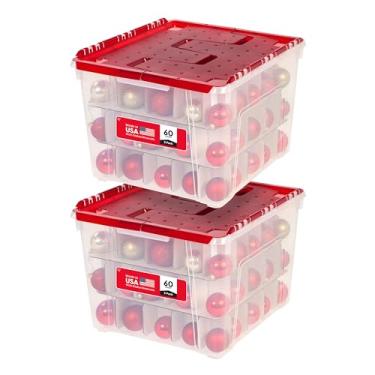 Imagem de IRIS USA WL-60 Holiday Wing Lid Box com divisórias de ornamento, 60 L, 2 unidades, transparente/vermelho, 2 unidades
