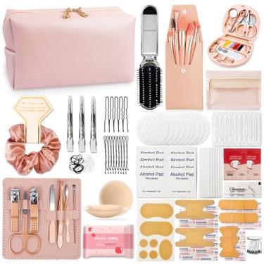 Imagem de Kit feminino de viagem de emergência de casamento, 45 itens essenciais para noivas, dama de honra, conjunto de estilo de beleza diário multifuncional com pincéis de maquiagem (rosa Sakura)
