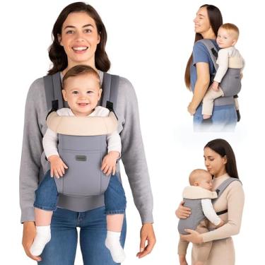 Imagem de AIEBAO Mochila Carregador Bolsa Para Bebê, 03 Modos de Uso, Apoio Lombar, Suporte de Cabeça, Bolso Frontal, Até 24 Meses, Suporta 25kg, Acolchoado, Fivelas Ajustáveis, Tecido, Cinza.