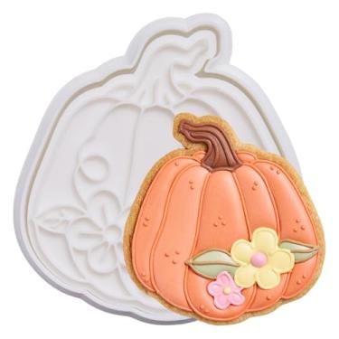 Imagem de Flycalf Cortador de biscoito de outono de ação de graças, flor de abóbora com carimbos de êmbolo, acessórios de panificação PLA, moldes de cortar, presentes para crianças, decoração de festa, 9 cm