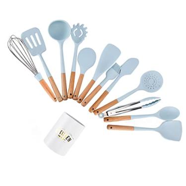Imagem de Luqeeg Conjunto de 12 Utensílios de Cozinha Em Silicone Seguro Utensílios de Cozinha Moldados Em Uma Só Peça Talheres de com Cabo de Madeira para Panelas Antiaderentes