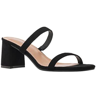 Imagem de ILLUDE Sandália feminina salto bloco dupla faixa quadrada salto sem cadarço Mule - Lisa, Camurça preta, 35