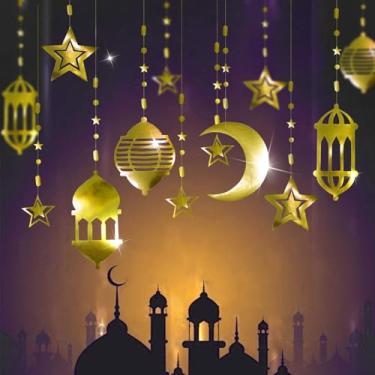 Imagem de Kit de guirlanda de lua crescente com estrelas douradas 16 peças para decoração de casa Happy Ramadan Mubarak Decoração de festa Streamer Banner Menor Bairam Islâmico aniversário de casamento muçulmano