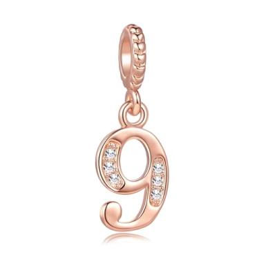 Imagem de MiiFort Lucky Number 9 Nine 9th Charm serve para pulseiras Pandora berloques de aniversário, presentes para mulheres, ouro rosa, zircônia cúbica transparente
