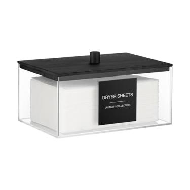 Imagem de TIPGO Suporte de folha de secador de acrílico com tampa, recipiente transparente para lençóis de lavanderia com 27 etiquetas, armazenamento de cápsulas de lavanderia para organização de lavanderia