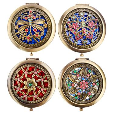 Imagem de 4 peças vintage espelho dobrável de metal espelho de maquiagem espelho de viagem espelho de maquiagem espelho de bolso espelho de dois lados compacto espelho cosmético, bronze, estilo aleatório