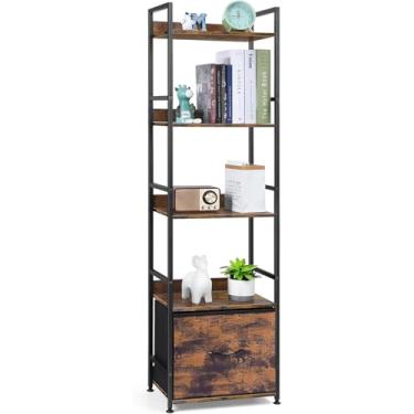 Imagem de Estante de livros de 5 camadas com gaveta, madeira, metal, rústico, marrom, estante com prateleiras altas e estreitas, prateleira com armário, organizador de armazenamento de canto para livros