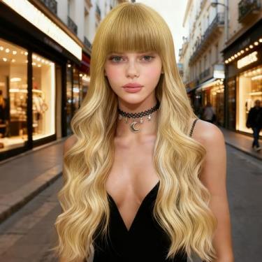 Imagem de EVLYNN Peruca loira ondulada do corpo com franja ombré destaque loiro faixa solta peruca de fibra sintética resistente ao calor perucas de cabelo para mulheres, uso diário, cosplay, 61 cm