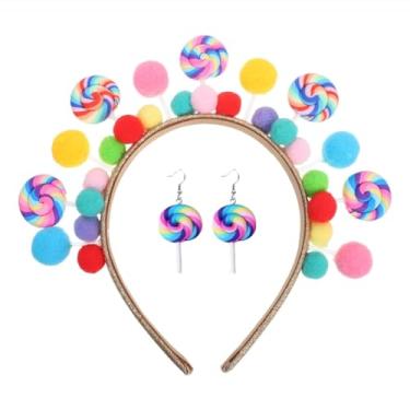 Imagem de LDFWAY Tiara feminina Candy Cane para Halloween, Natal, pompom, pirulito, acessórios de cabelo, fantasia Candyland