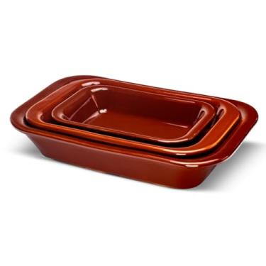Imagem de Kit 3 Travessas Refratárias Assadeira Cerâmica Retangular Multiuso para Servir, Forno, Micro-ondas - E-FCS Store (Marrom)