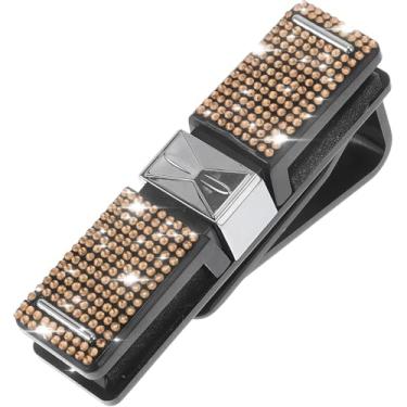 Imagem de Suporte de óculos de sol com strass de cristal brilhante para óculos de sol de carro, suporte de montagem de óculos de couro PU, clipes organizadores de óculos, decoração de cristal clipe de cartão de