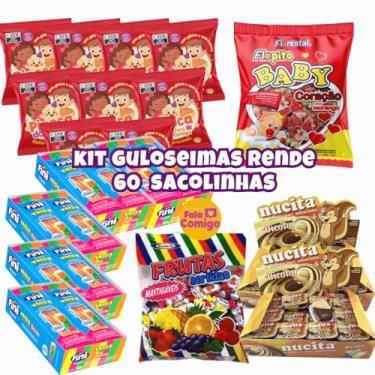 Imagem de Kit 5 Guloseimas Rende 12/20/30/40/50/100 Sacolinhas Aniversário Infantil Pipoquinha Bala Fini Nucita (Rende 60 sacolinhas)