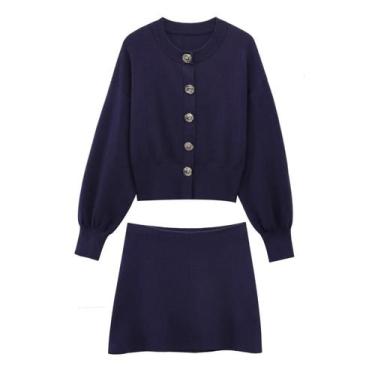 Imagem de Conjunto De Cardigan De Malha Cropped E Saia Mini Feminino Com Botões 