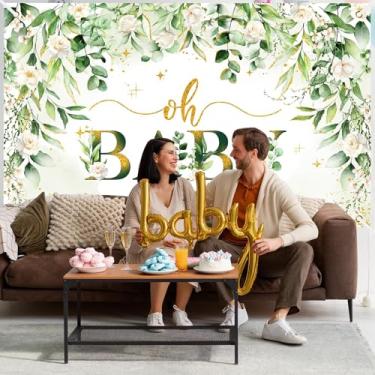 Imagem de Decoração de chá de bebê Greenery Boy Banner floral verde sálvia Oh Baby pano de fundo dourado com glitter folhas de folhas de chá de bebê neutro 187 x 119 centímetros
